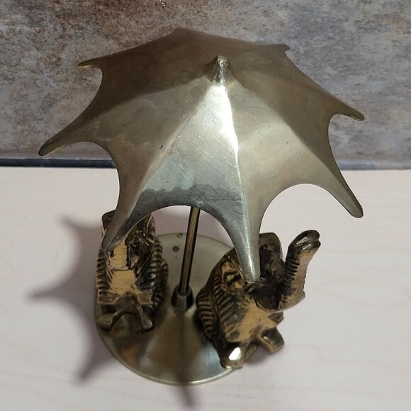 Vintage Two Elephants Trunks Raised  Under Umbrella Solid Brass Statue - Picture 10 of 12